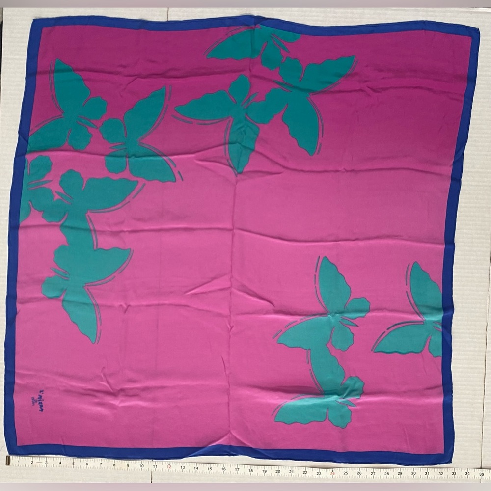 Maxim’s De Paris Silk Pink Ombré 33” Square Butterfly Scarf w/Blue Border - Picture 6 of 16